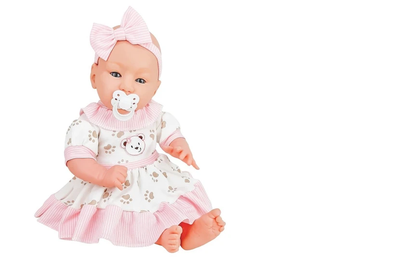 Bebê reborn menina vestido estampado com chupeta brink model