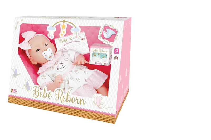 Bebê reborn menina vestido estampado com chupeta brink model